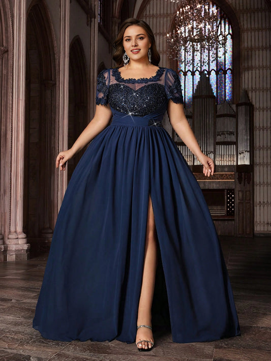Roselledress navy plus size prom dress square neck lace short sleeve sequin chiffon formal gown with slit