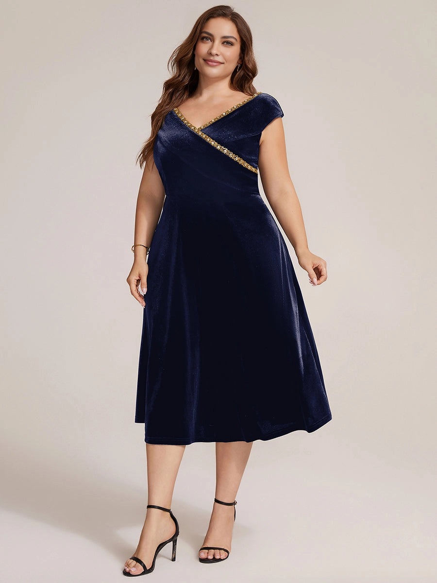 Navy Velvet Beaded Cap Sleeve Midi Plus Size Mother of the Bride Dress