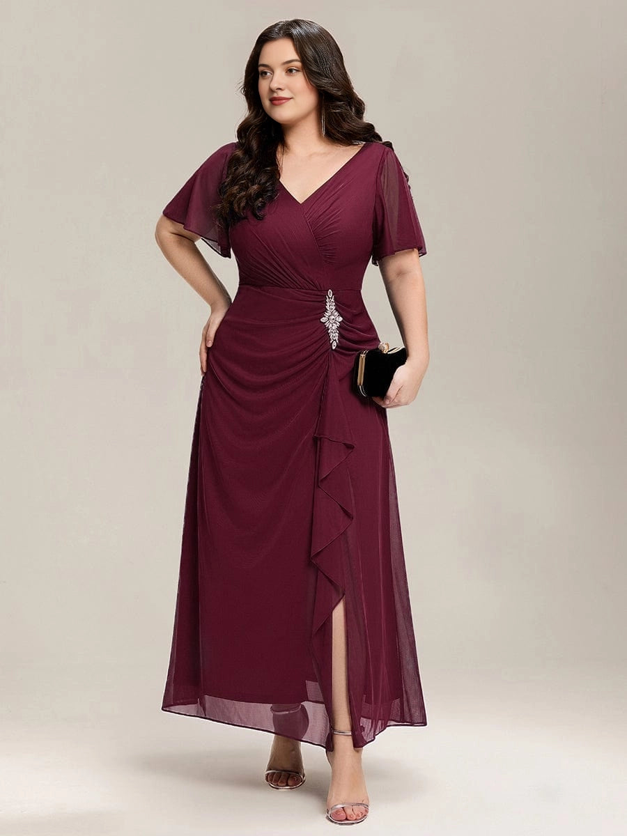 Plus Size Chiffon V-Neck Flutter Sleeve Rhinestone Brooch Slit Mother of Bride Dress