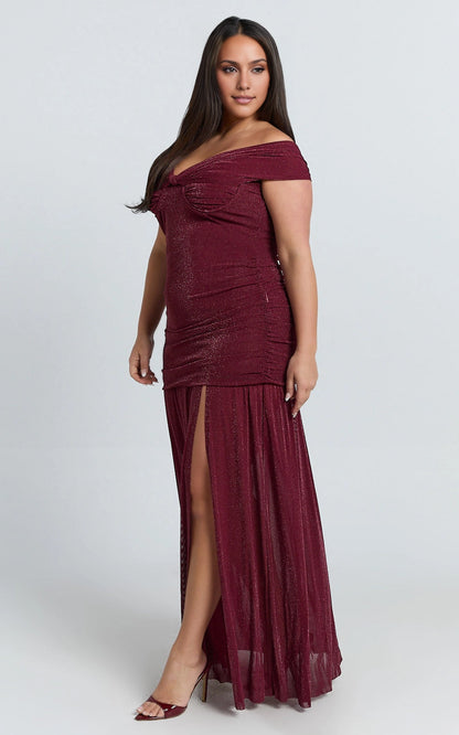 Fitted Maxi Off Shoulder Twist Front Ruched Open Back Glitter Mesh Plus Size Wedding Guest Dress