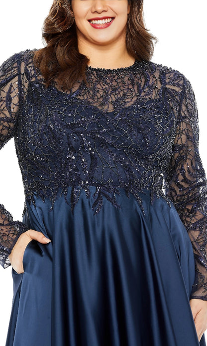 Modest A-Line Round Neck Long Sleeve Zipper Back Floor-Length Plus Size Beaded Mother Of The Bride Dress