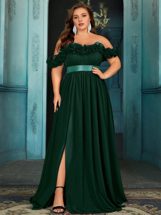 Roselledress dark green plus size prom dress off shoulder ruffle sleeve chiffon a‑line gown with high slit and satin sash