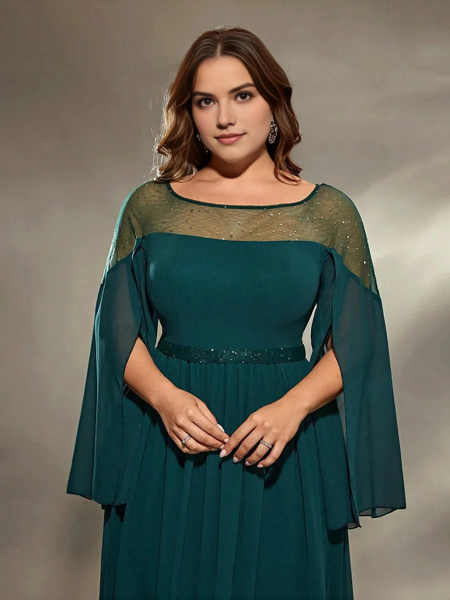 Modest A‑Line Bateau Neck Flared‑Sleeve Keyhole‑Back Floor‑Length Plus Size Mother Of The Bride Dress