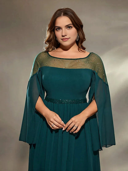 Modest A‑Line Bateau Neck Flared‑Sleeve Keyhole‑Back Floor‑Length Plus Size Mother Of The Bride Dress