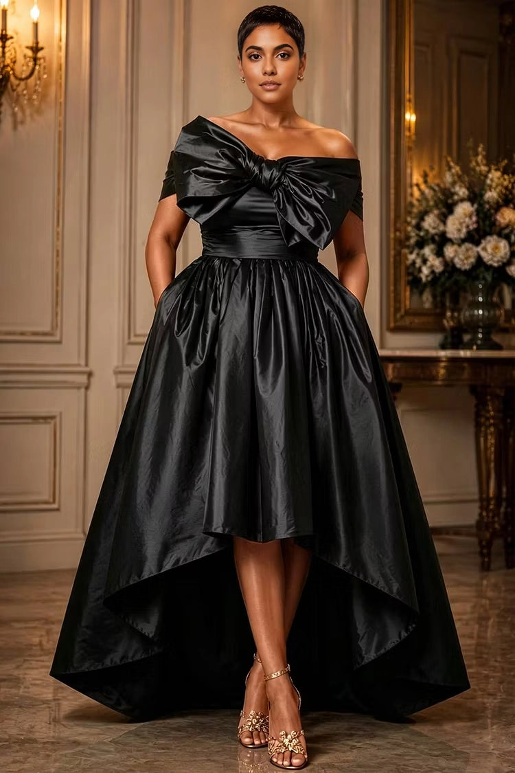 Roselledress Luxury Hi-Lo Off Shoulder Back Zipper Satin With Big Bow Plus Size Prom Dress