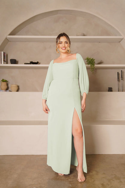 Elegant Sheath Square Neck Balloon Sleeve Zipper Back Plus Size Bridesmaid Dress