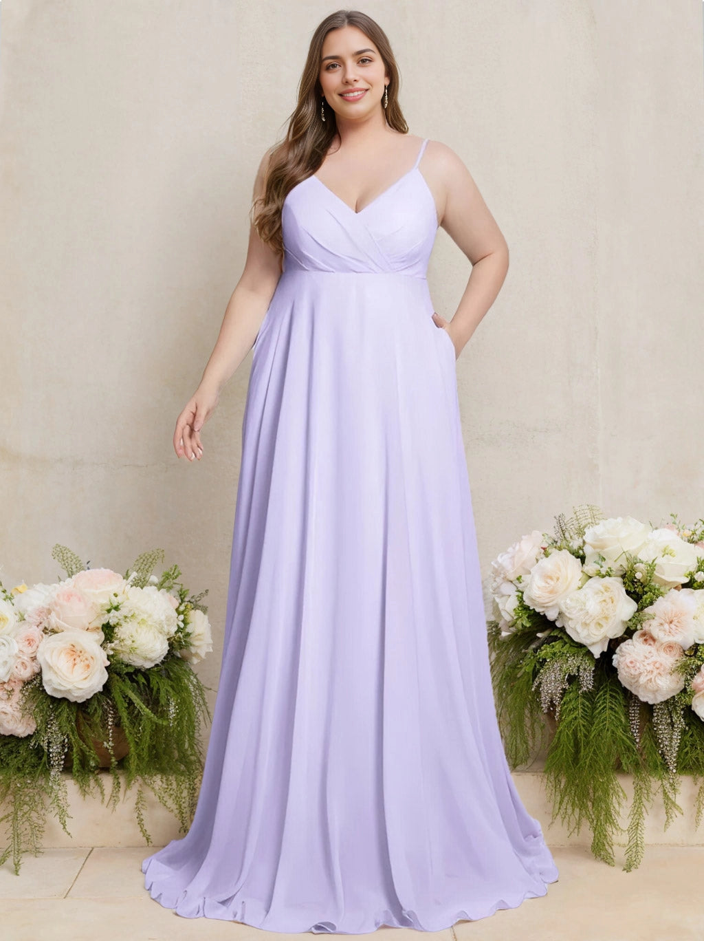 RoselleDress lavender plus size bridesmaid dress spaghetti strap deep v neck hidden pocket flowy chiffon long formal gown