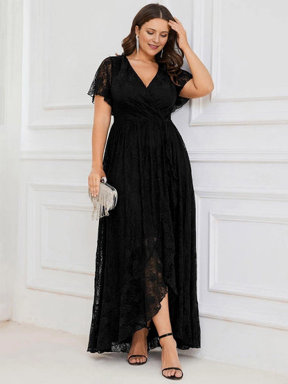 Elegant Plus Size A-Line Wrap V-Neck Flutter-Sleeve Zipper-Back High-Low Mother of Bride Dress