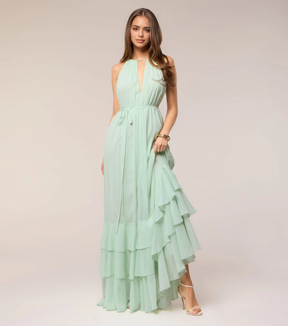 RoselleDress mint chiffon halter bridesmaid gown keyhole neck tiered ruffle maxi formal dress