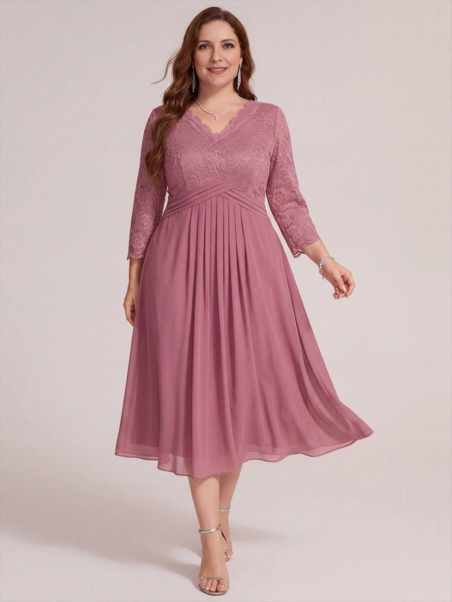 Elegant Plus Size A-Line V-Neck Three-Quarter-Sleeve Lace-Back Midi Mother of Bride Dress