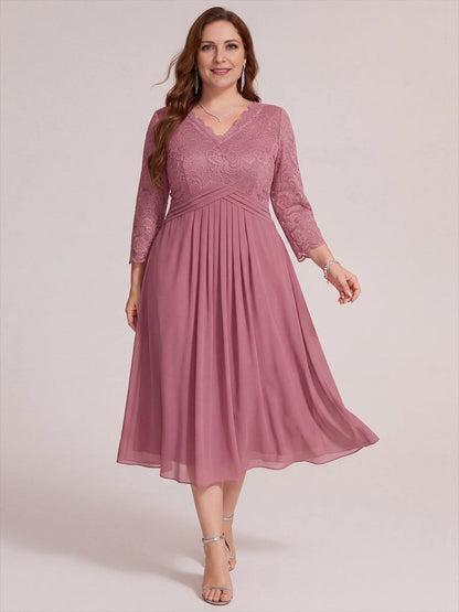 Elegant Plus Size A-Line V-Neck Three-Quarter-Sleeve Lace-Back Midi Mother of Bride Dress