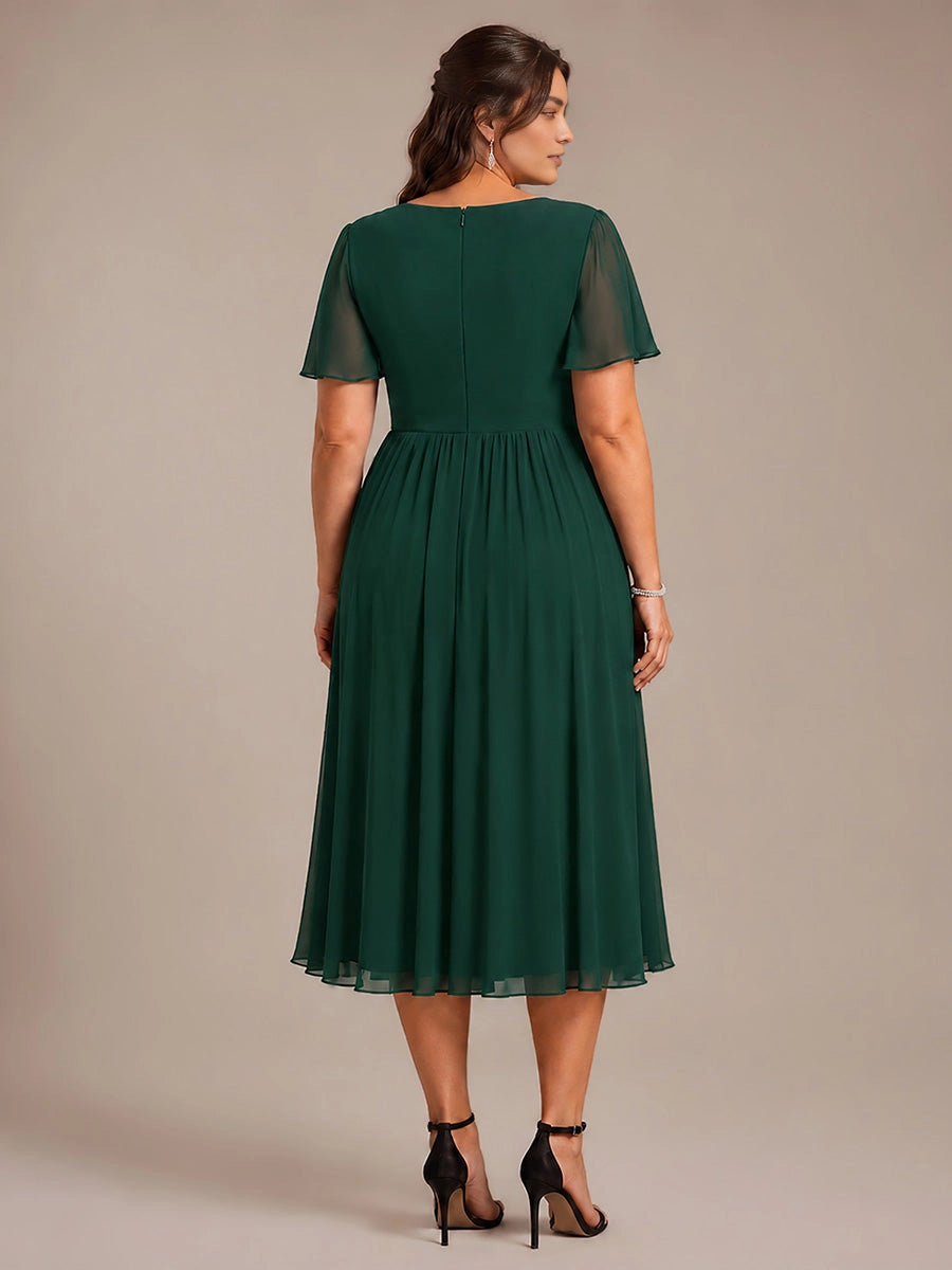 roselledress dark green chiffon midi mother of groom dress flutter sleeve back zipper plus size formal wedding guest gown back view