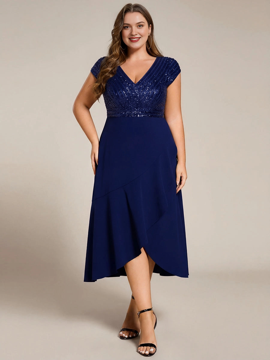 Plus Size Sequin Bodice V-Neck Cap Sleeve Asymmetrical Mother of Bride Dress