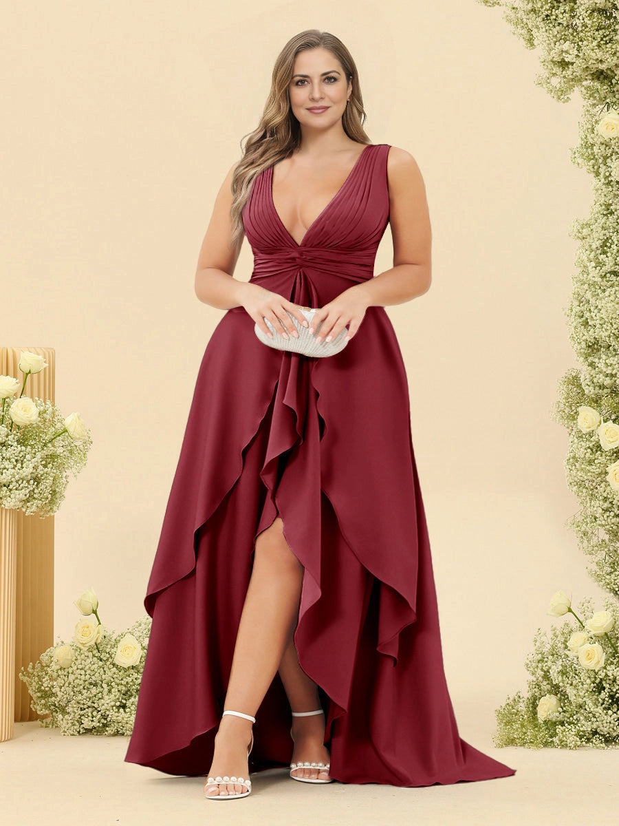 Roselledress Dusty Blue A-Line V-Neck Sleeveless V-Back High Low Chiffon Maxi Plus Size Mother Of The Bride Dress