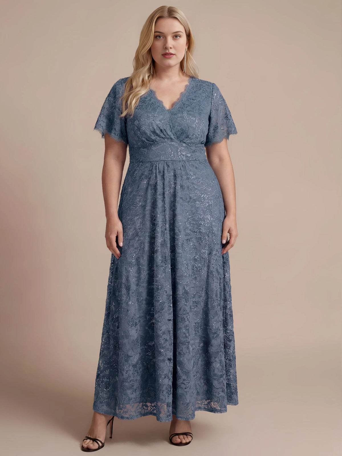 Plus Size Sequin Lace V-Neck Flutter Sleeve Long Mother of Bride Dress