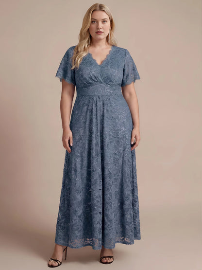 Plus Size Sequin Lace V-Neck Flutter Sleeve Long Mother of Bride Dress