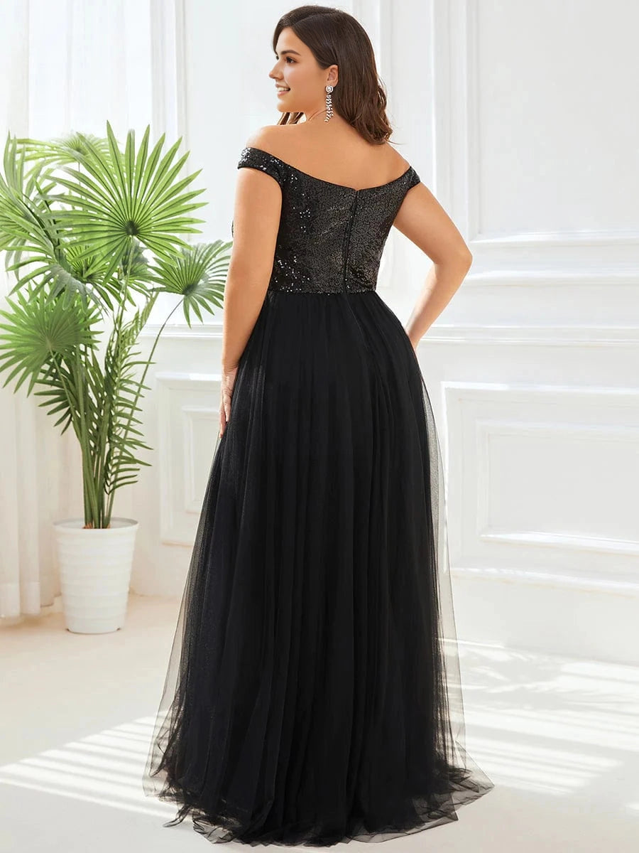 Roselledress black a‑line tulle dress back view,v‑back sequin bodice plus size formal evening gown