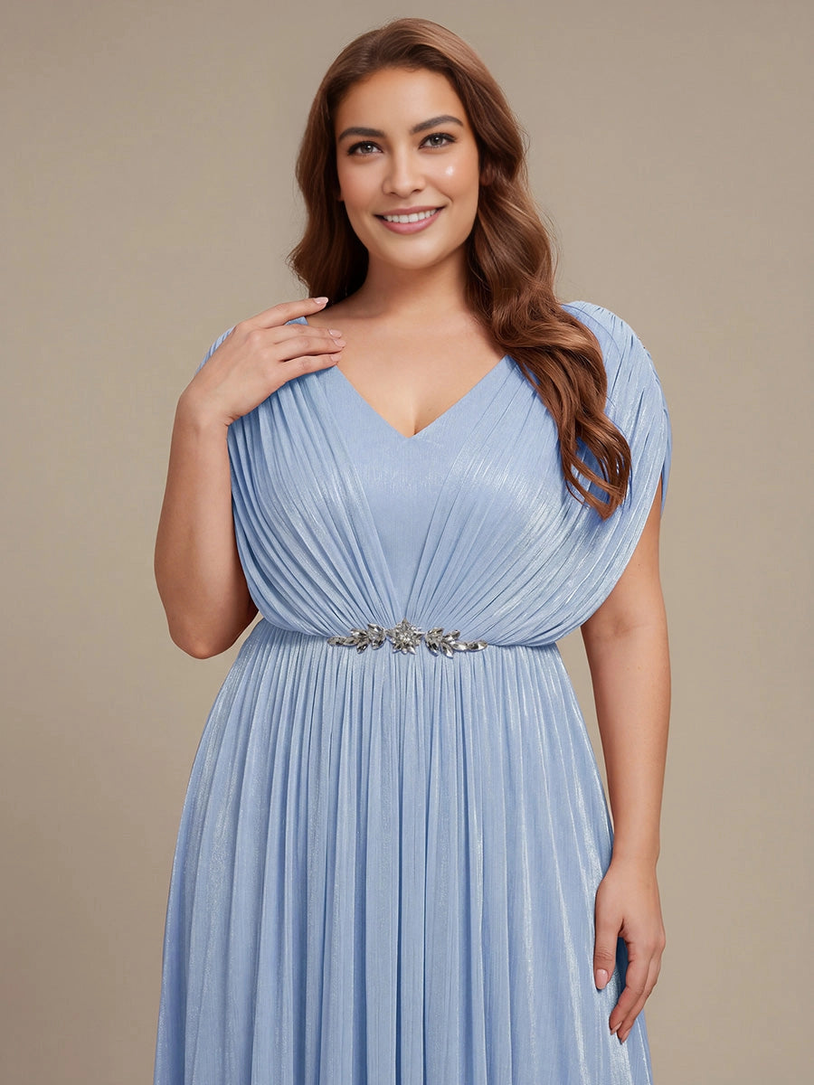 Roselledress Ice‑Blue Plus‑Size V‑Neck Crystal Belt A‑Line Midi Mother of the Bride Dress