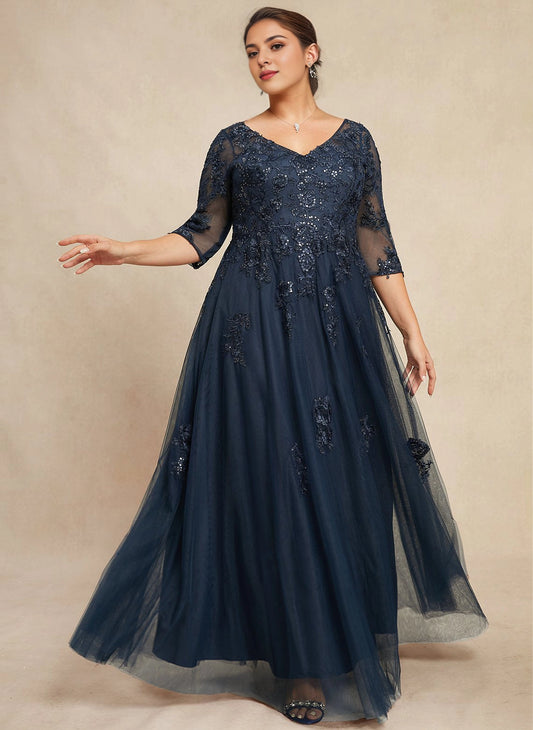 roselledress navy plus size mother of bride maxi dress v neck 3/4 sleeve sequin lace tulle formal gown