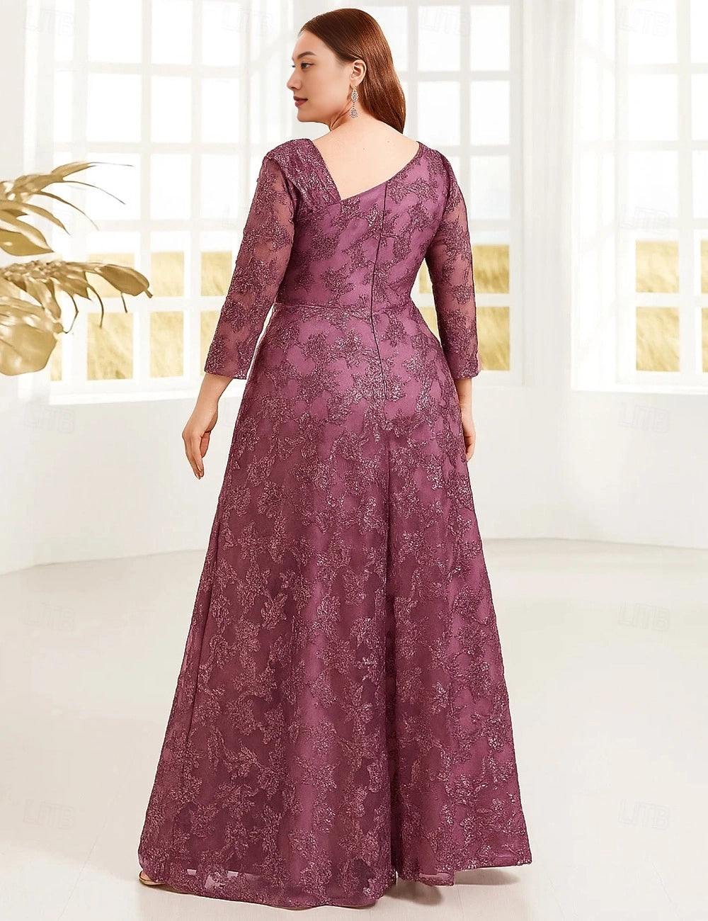 Roselledress plus size glitter lace a-line mother dress back view, v-back zipper closure mauve wedding guest evening dress
