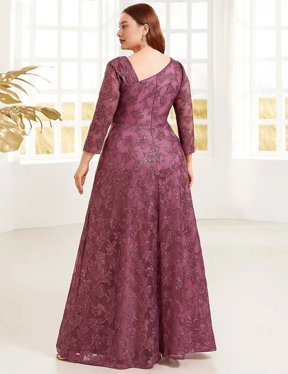 Roselledress plus size glitter lace a-line mother dress back view, v-back zipper closure mauve wedding guest evening dress