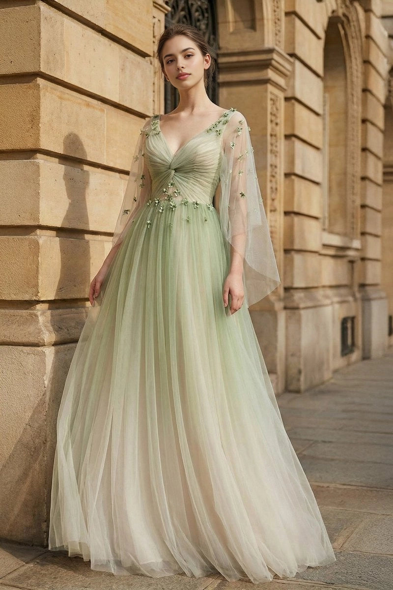 Roselledress sage ombre tulle bridesmaid dress deep v cape sleeve floral applique garden wedding maxi gown
