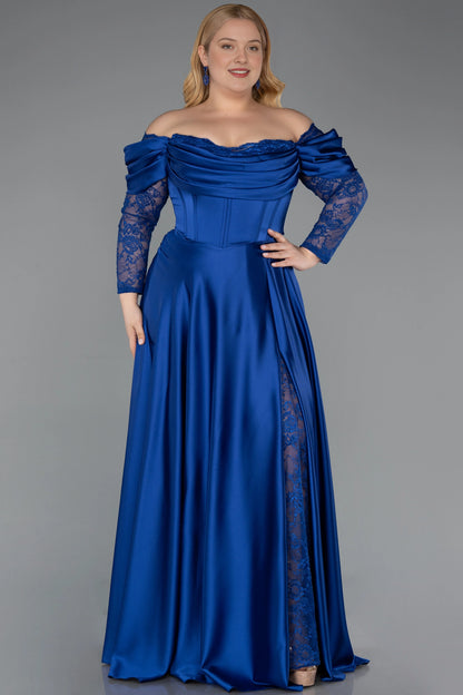 Elegant A-Line Off-Shoulder Lace-Sleeve Zipper-Back Floor-Length Plus Size Wedding Guest Dress