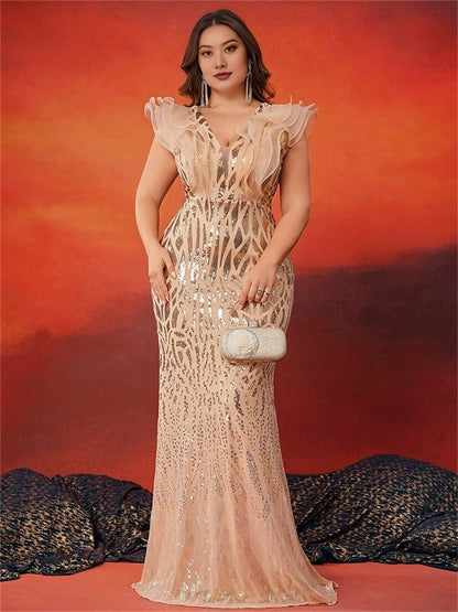 Luxury Mermaid V-Neck Ruffle Cap Sleeve V-Back Floor-Length Plus Size Sequin Prom Dress