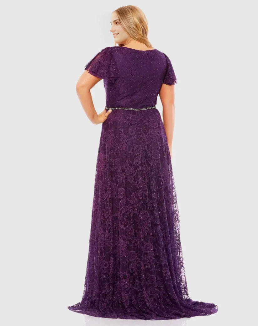 Roselledress purple glitter lace plus size formal dress closed back beaded waist evening gown back view
