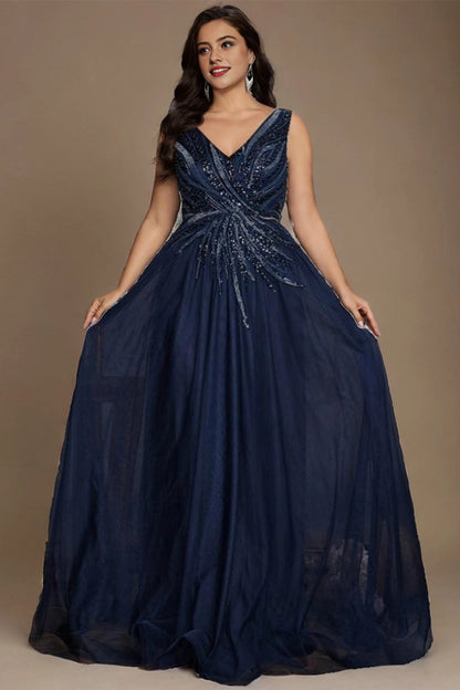 Stunning A-Line V-Neck Sleeveless Lace-Up-Back Floor-Length Plus Size Mother Of Bride Dress