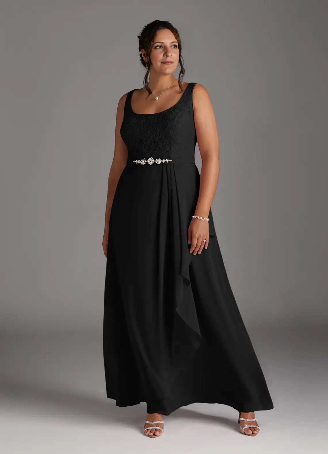 Elegant Plus Size A-Line Square-Neck Lace-Sleeve Scoop-Back Maxi Mother of Bride Dress