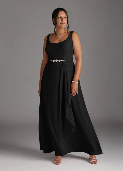 Elegant Plus Size A-Line Square-Neck Lace-Sleeve Scoop-Back Maxi Mother of Bride Dress