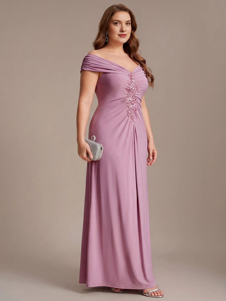 Plus Size Off-the-Shoulder V-Neck Sequin Lace Ruched Long Mother of Bride Dress