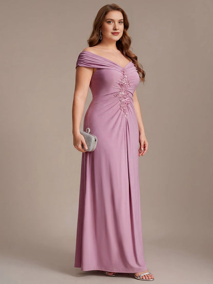 Plus Size Off-the-Shoulder V-Neck Sequin Lace Ruched Long Mother of Bride Dress