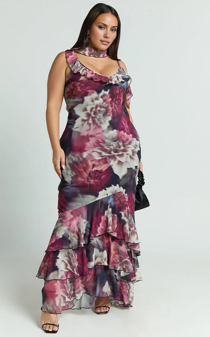 Fitted Mermaid V Neck Off Shoulder Strap Tie Back Tiered Chiffon Plus Size Wedding Guest Dress