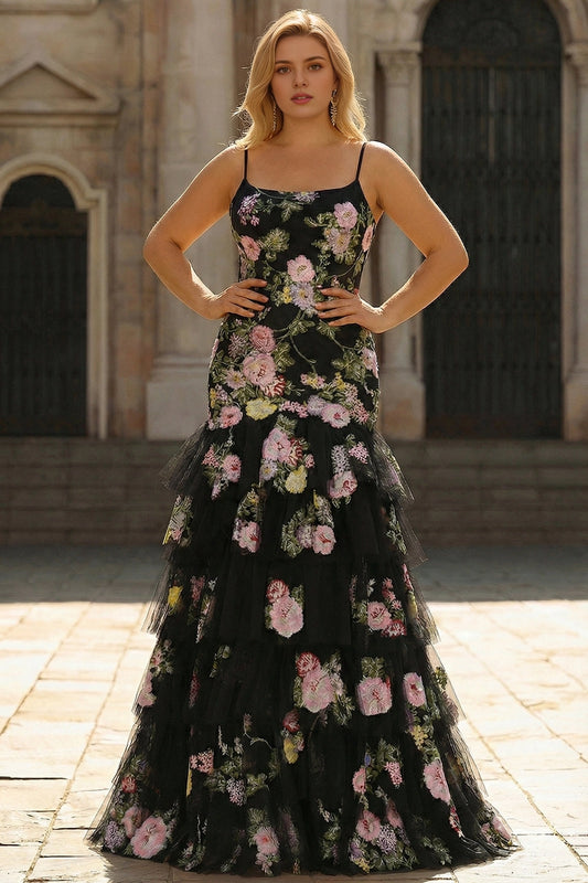 Roselledress black plus size prom dress mermaid square neck floral embroidery tulle evening gown
