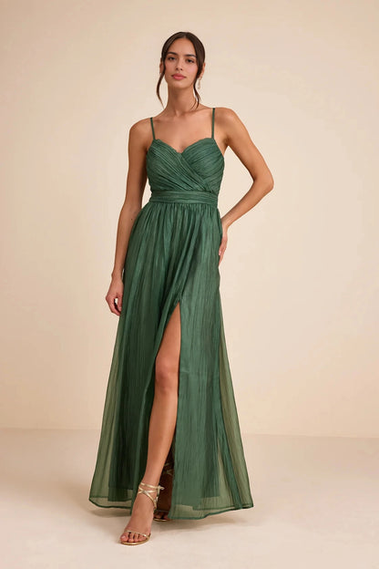 RoselleDress forest green crinkle chiffon a line bridesmaid dress sweetheart spaghetti high slit beige studio shot