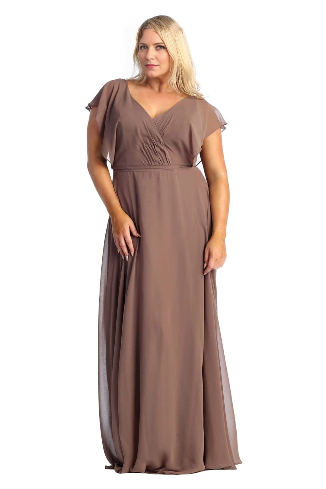 Elegant Plus Size A-Line V-Neck Flutter-Sleeve Open-Back Maxi Mother of Bride Dress