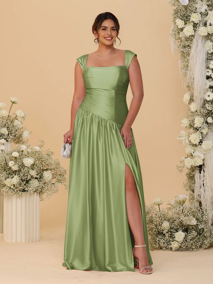 Roselledress Luxury A-Line Square Neck Convertible Sleeve Zipper Back Floor Length Plus Size Mother Of The Bride Dress