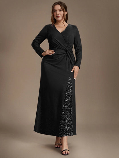 Plus Size Glitter V-Neck Long Sleeve Twist Slit Mermaid Wedding Guest Dress