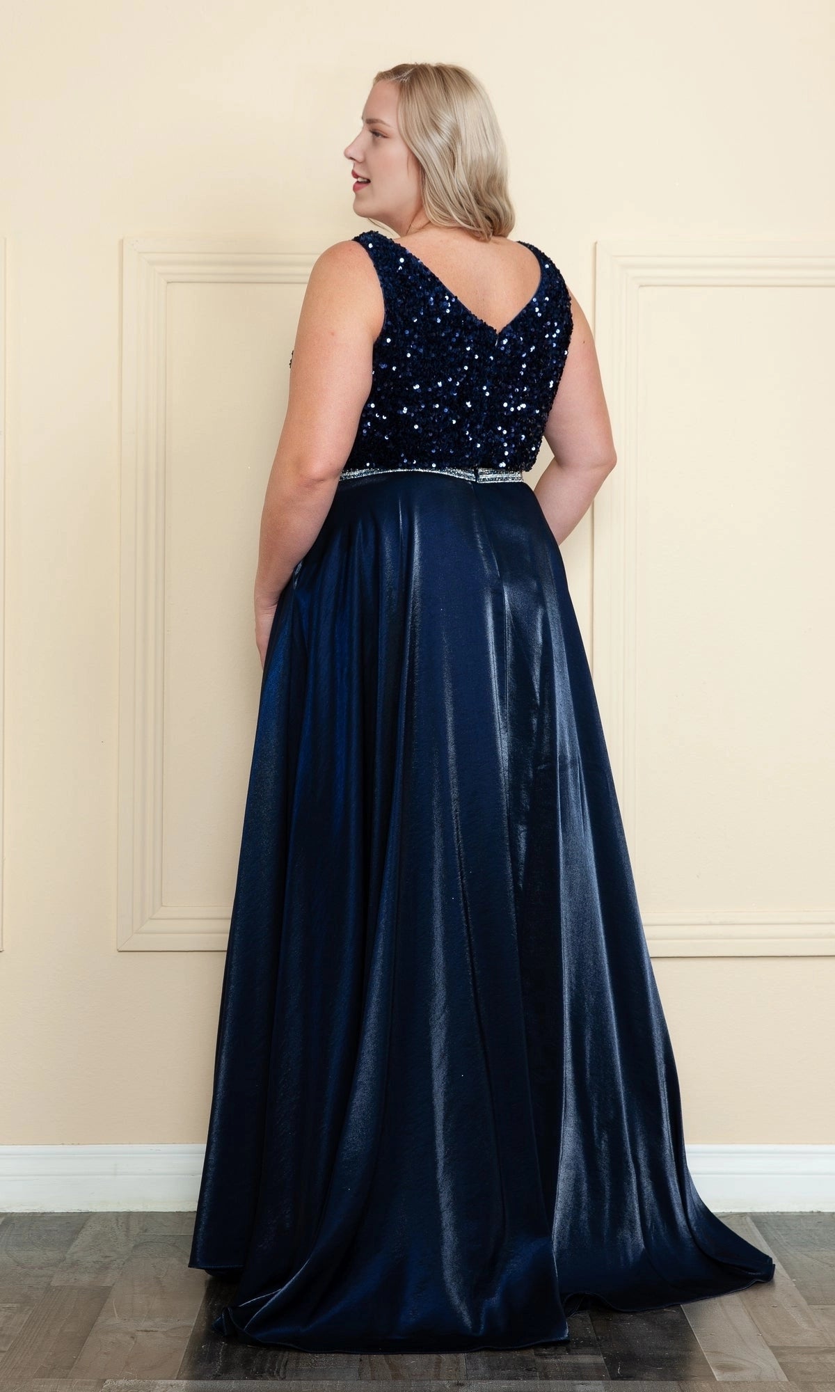 Roselledress sequin top satin prom gown v-back invisible zipper floor length back view