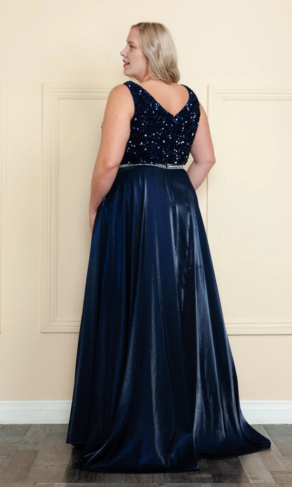 Roselledress sequin top satin prom gown v-back invisible zipper floor length back view