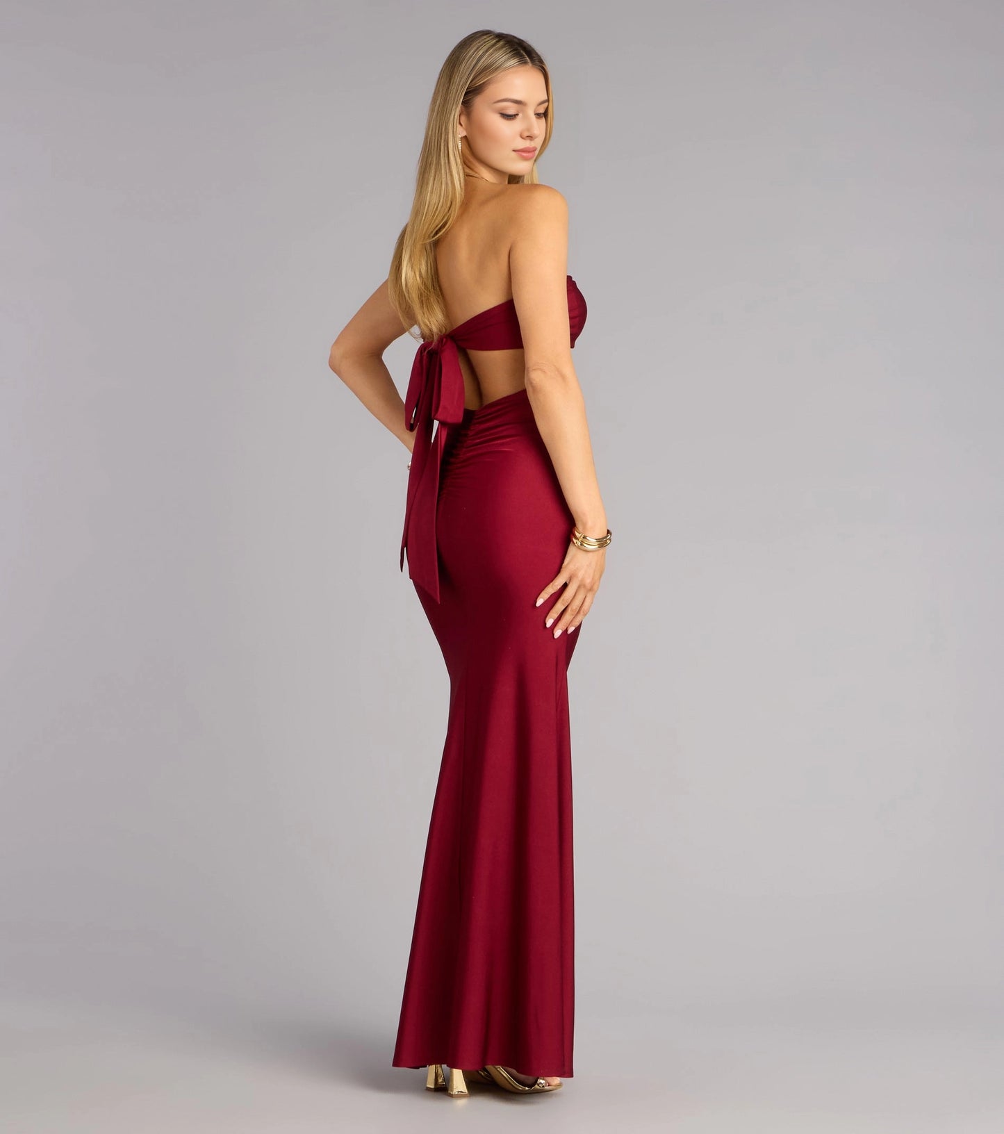 Burgundy Satin Mermaid Strapless Sweetheart Bow Tie Back Maxi Prom Dress