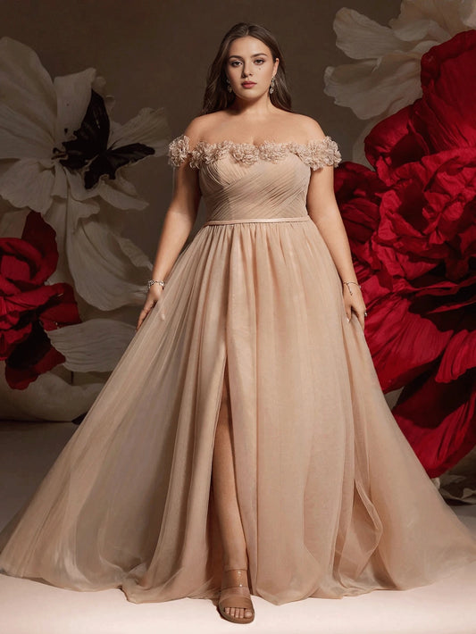 Roselledress nude plus size prom dress off shoulder 3d floral tulle sleeve slit formal evening gown