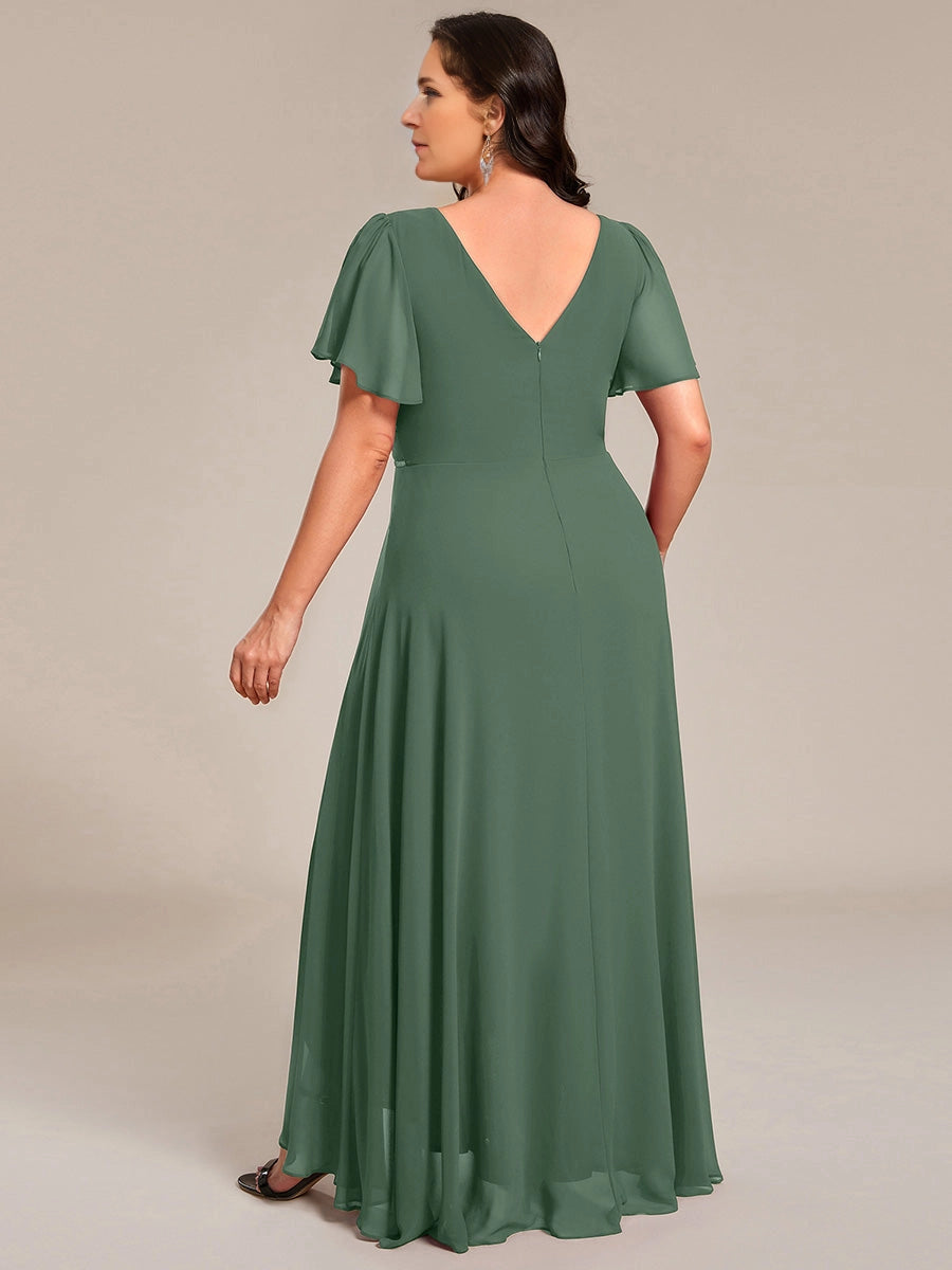 Elegant Plus Size A-Line V-Neck Flutter-Sleeve V-Back Maxi Mother of Bride Dress