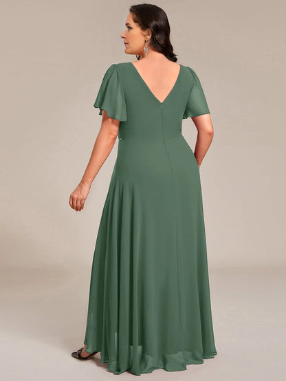 Elegant Plus Size A-Line V-Neck Flutter-Sleeve V-Back Maxi Mother of Bride Dress