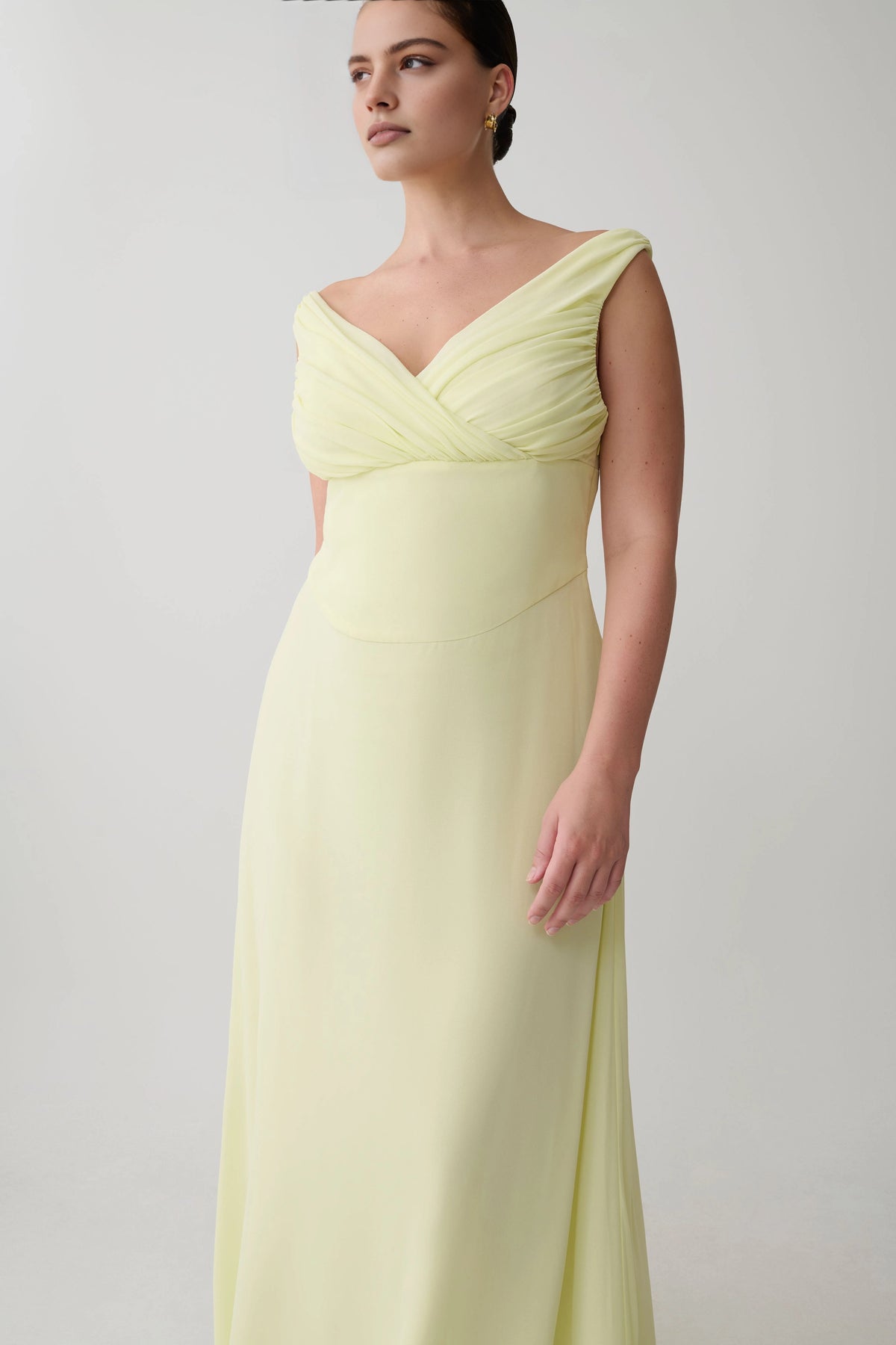 Pale Yellow Chiffon Off‑the‑Shoulder V‑Neck Maxi Plus Size Wedding Guest Dress