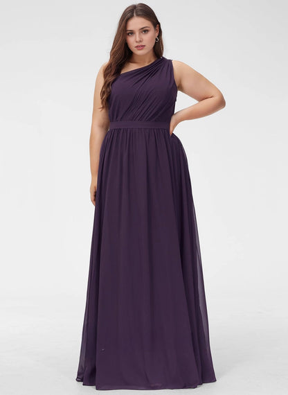 Roselledress dark purple chiffon plus size bridesmaid dress one shoulder flowy maxi formal gown