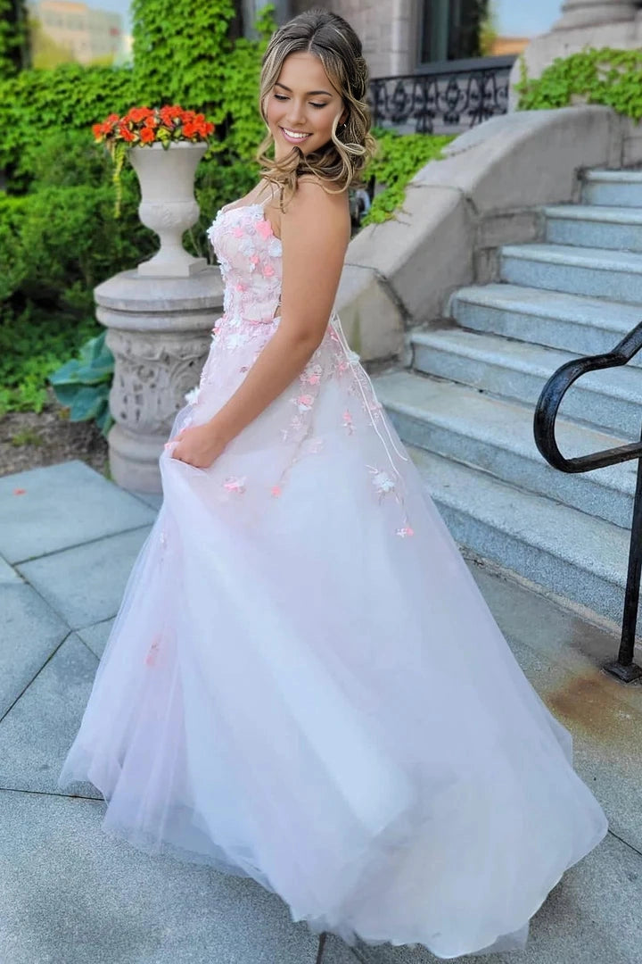 Romantic A‑Line Scoop‑Neck Sleeveless Lace‑Up‑Back Floor‑Length Prom Dress