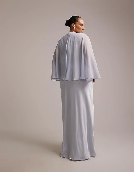 Back view of roselledress light lilac chiffon cape‑overlay zip‑back plus size floor‑length formal gown